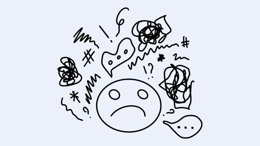 Hand-drawn illustration of a confused sad face surrounded by tangled scribbles, question marks, and chaotic doodles representing the mental confusion between emotions, feelings, and moods