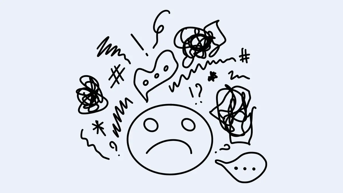 Hand-drawn illustration of a confused sad face surrounded by tangled scribbles, question marks, and chaotic doodles representing the mental confusion between emotions, feelings, and moods