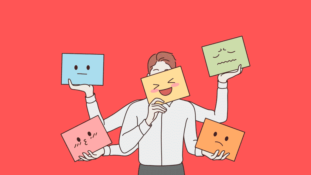 Illustration of a person juggling multiple colorful emotion cards showing different facial expressions - happy, sad, angry, worried, and neutral - against a coral red background, representing how we construct different emotions