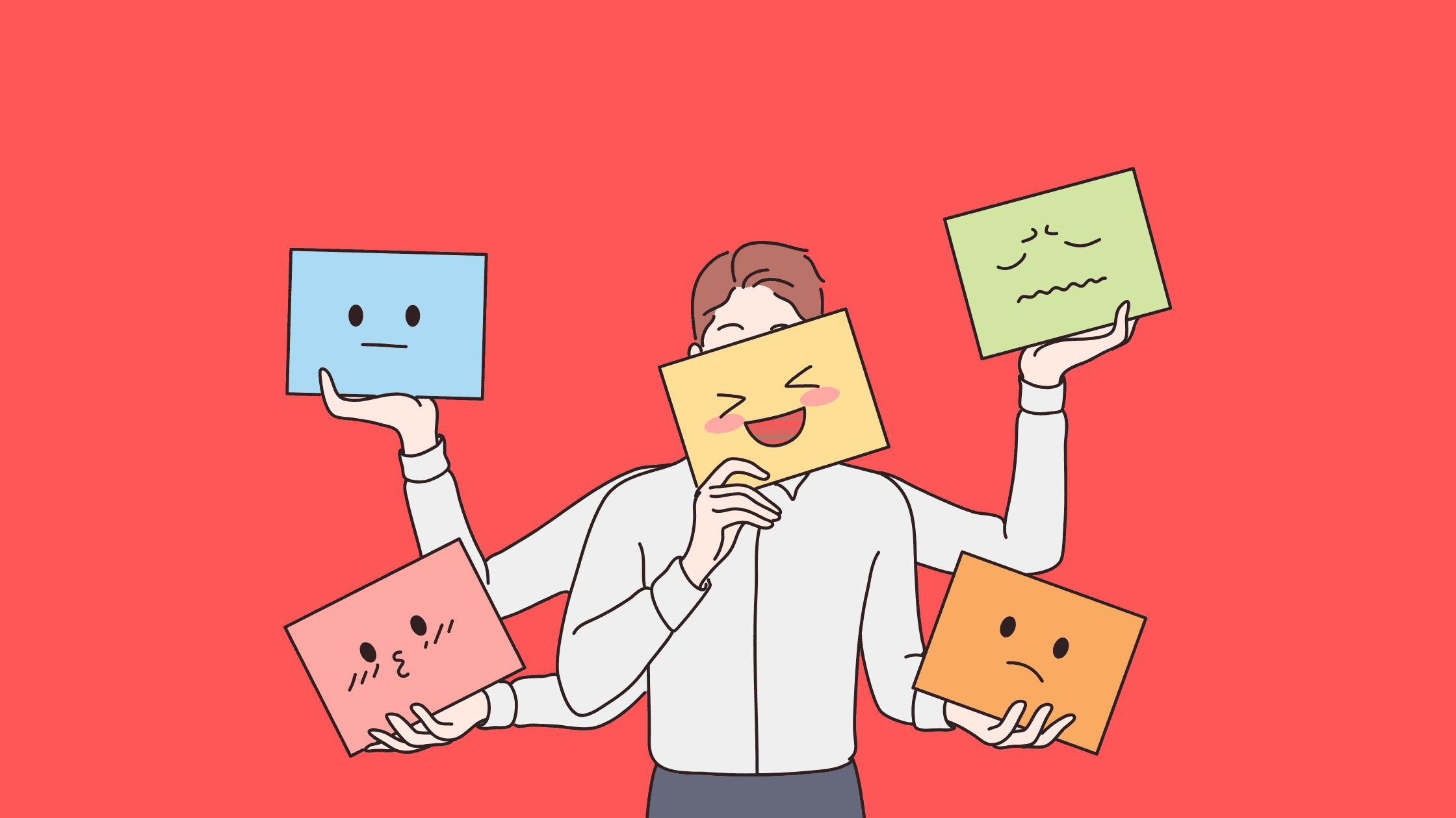 Illustration of a person juggling multiple colorful emotion cards showing different facial expressions - happy, sad, angry, worried, and neutral - against a coral red background, representing how we construct different emotions