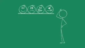 Stick figure person pointing at four emoji faces on a shelf showing different emotions - happy, sad, angry, and silly - illustrating emotional choice and validation