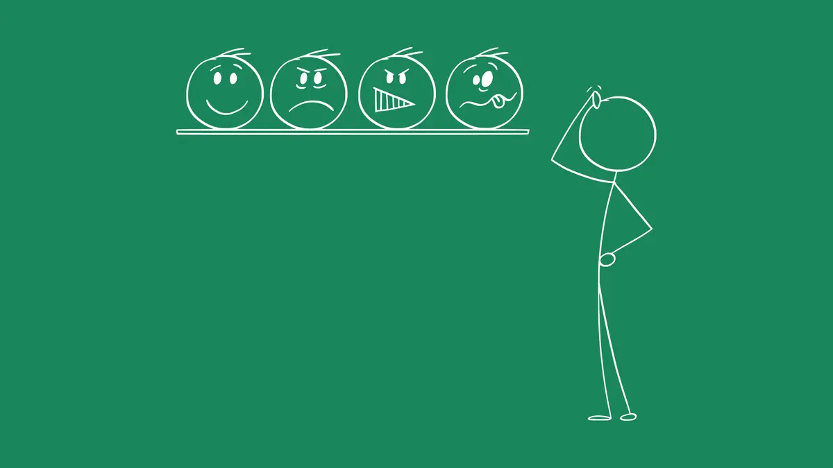 Stick figure person pointing at four emoji faces on a shelf showing different emotions - happy, sad, angry, and silly - illustrating emotional choice and validation