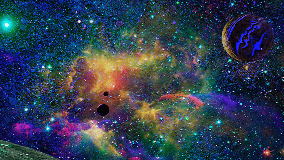 Vibrant cosmic scene showing a colorful nebula with swirling gases in yellows, oranges, and purples, surrounded by stars and planets against a deep space backdrop with blue and green hues, representing the vastness and mystery of the universe