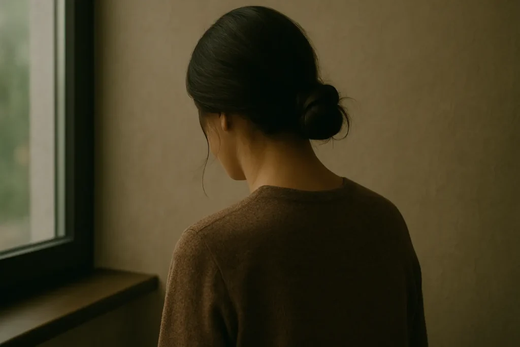 A young man seen from behind standing by a window on a rainy day, looking out at blurred greenery, conveying solitude and introspection.