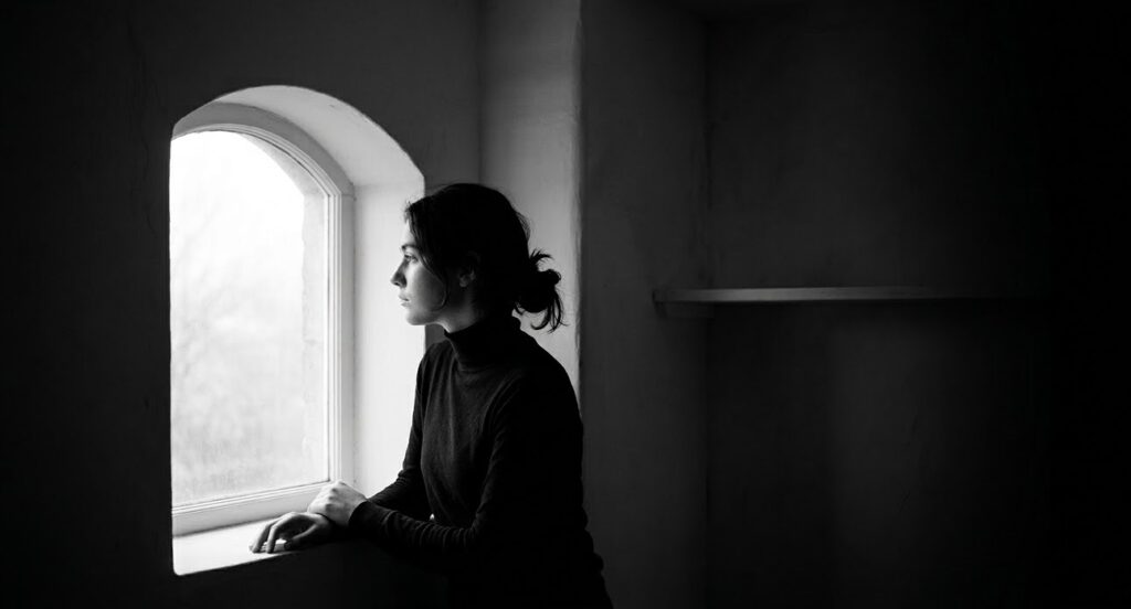 A high-contrast black and white photograph of a woman in a turtleneck, viewed in profile. She is standing at a deep, arched window and gazing thoughtfully outside into a bright, overcast light, framed by shadow. Her expression is calm and introspective.