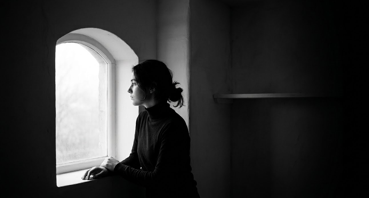 A high-contrast black and white photograph of a woman in a turtleneck, viewed in profile. She is standing at a deep, arched window and gazing thoughtfully outside into a bright, overcast light, framed by shadow. Her expression is calm and introspective.
